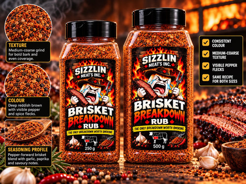 Brisket Breakdown — 250 g and 500 g Sizzlin Meat's BBQ rub jars