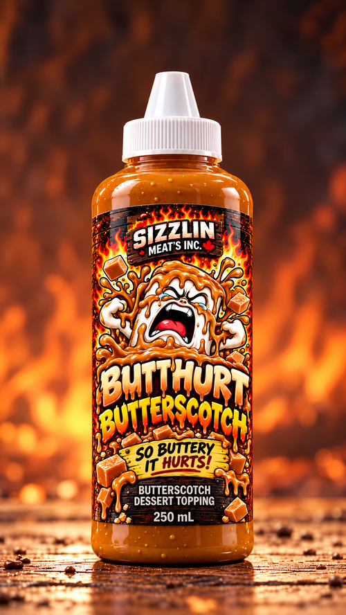 Butthurt Butterscotch — 250 mL bottle concept / Concept de bouteille de 250 mL.