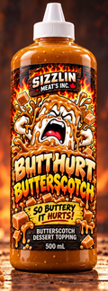 Butthurt Butterscotch — 500 mL bottle shown / Bouteille de 500 mL illustrée. Original concept artwork / Illustration originale.