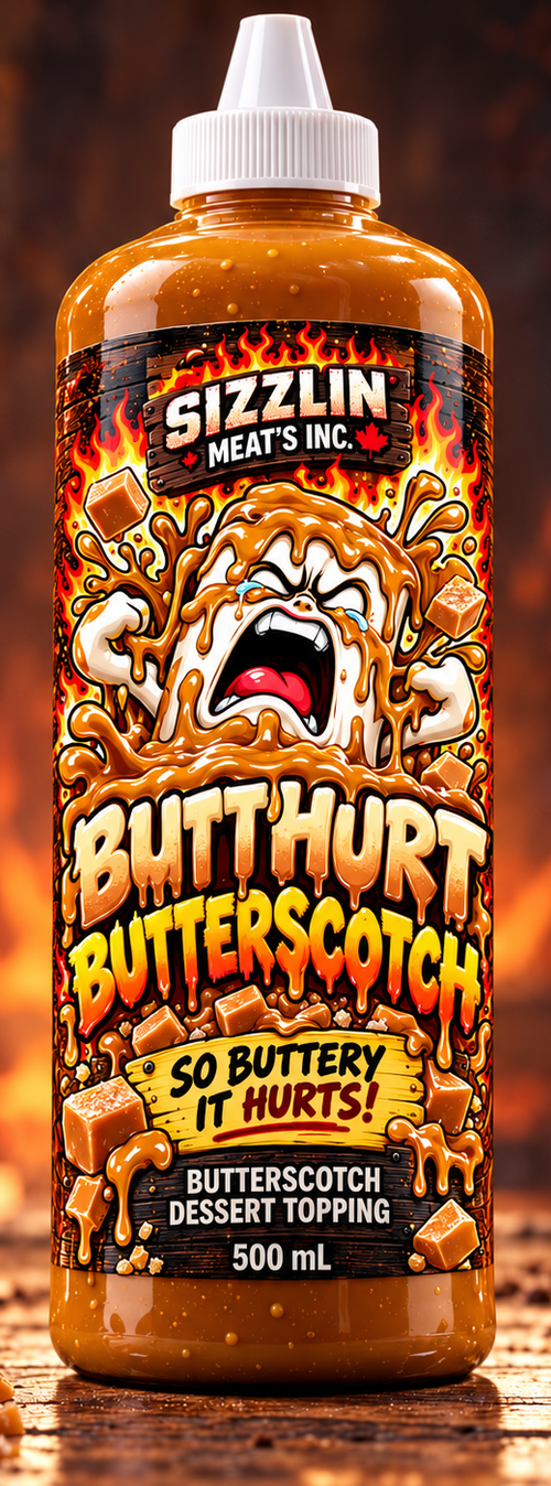 Butthurt Butterscotch — 500 mL bottle shown / Bouteille de 500 mL illustrée. Original concept artwork / Illustration originale.