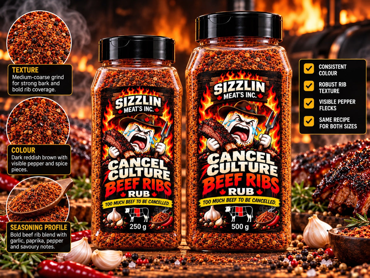 Cancel Culture Beef Ribs — 250 g and 500 g Sizzlin Meat's BBQ rub jars