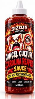 Cancel Culture Carolina Reaper Sauce — 500 mL bottle concept / Concept de bouteille de 500 mL. Original label artwork / Illustration originale.