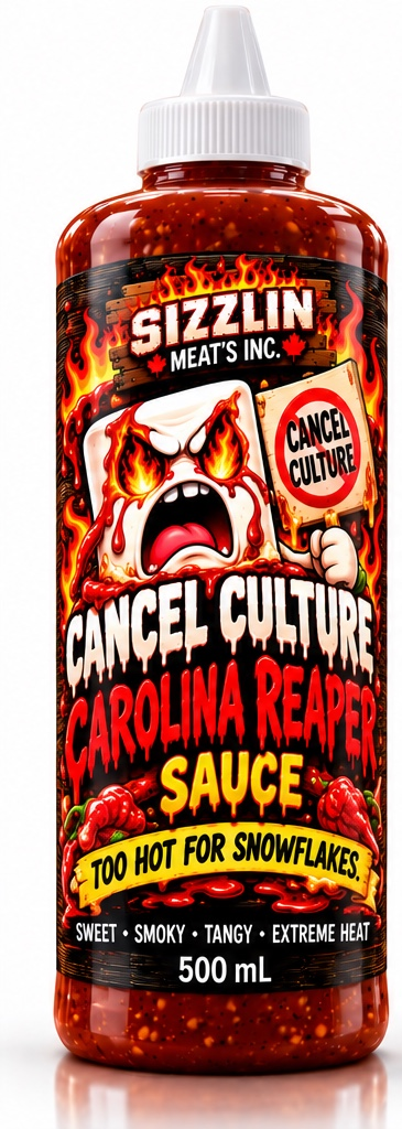 Cancel Culture Carolina Reaper Sauce — 500 mL bottle concept / Concept de bouteille de 500 mL. Original label artwork / Illustration originale.