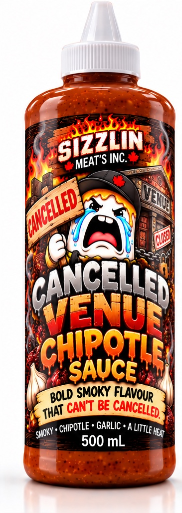 Cancelled Venue Chipotle — 500 mL bottle concept / Concept de bouteille de 500 mL. Original label artwork / Illustration originale.