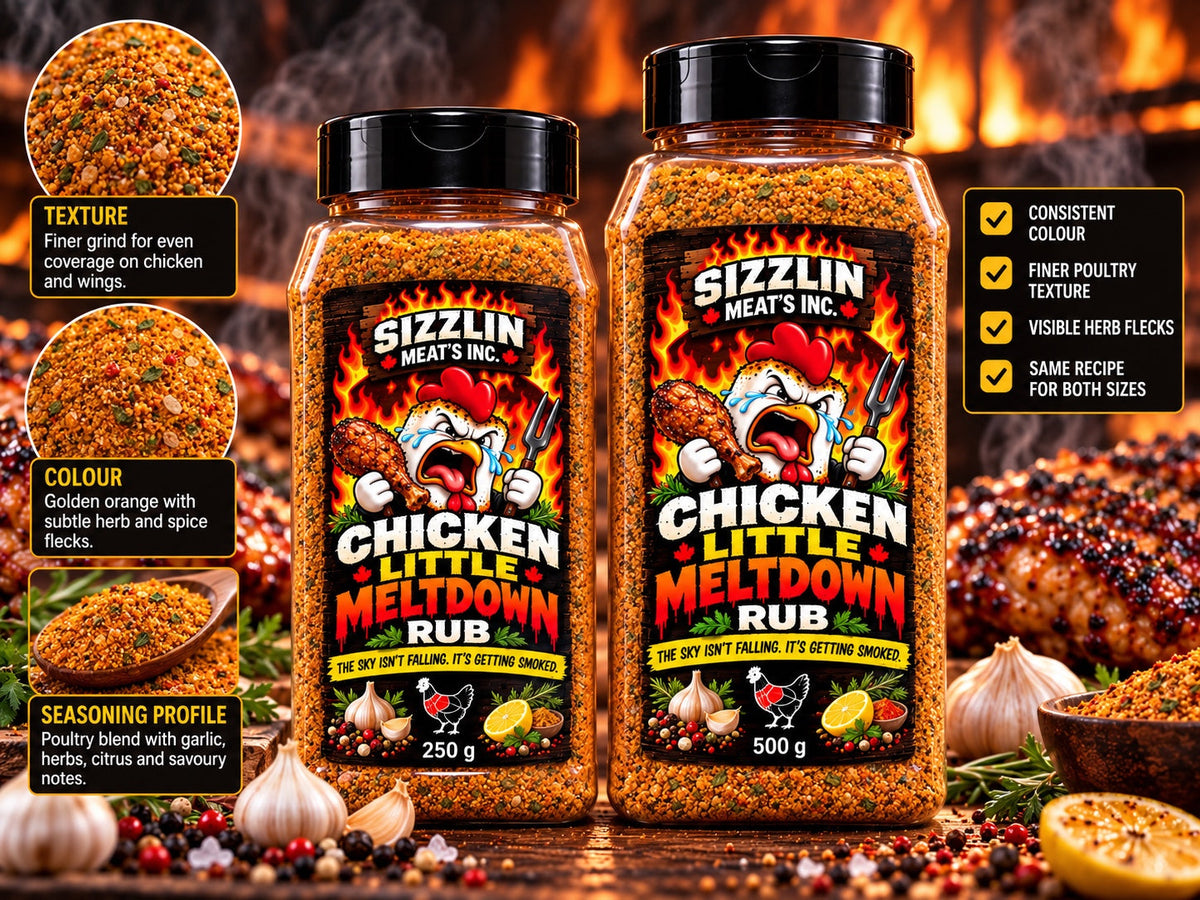 Chicken Little Meltdown — 250 g and 500 g Sizzlin Meat's BBQ rub jars
