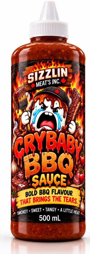 Crybaby BBQ — 500 mL bottle concept / Concept de bouteille de 500 mL. Original label artwork / Illustration originale.