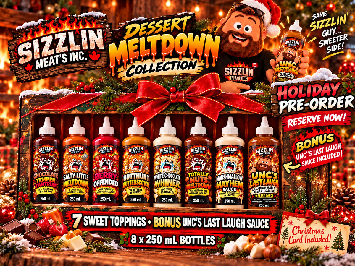Eight matching 250 mL Dessert Meltdown holiday bottles: seven toppings plus bonus UNC's Last Laugh