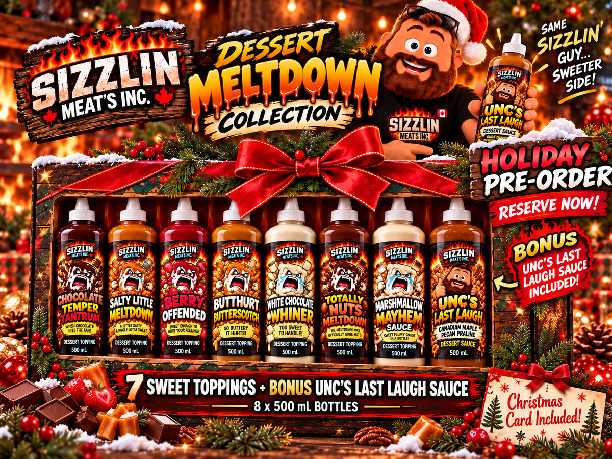 Eight matching 500 mL Dessert Meltdown holiday bottles: seven toppings plus bonus UNC's Last Laugh