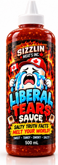 Liberal Tears Sauce — 500 mL bottle concept / Concept de bouteille de 500 mL. Original label artwork / Illustration originale.