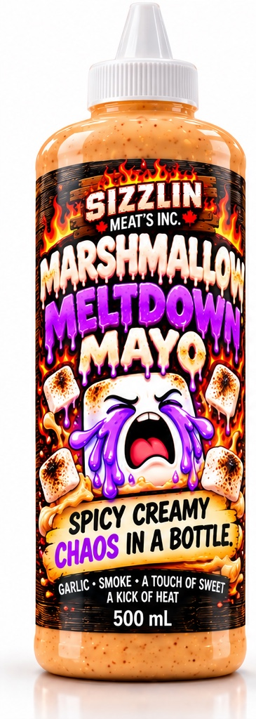Marshmallow Meltdown Mayo — 500 mL bottle concept / Concept de bouteille de 500 mL. Original label artwork / Illustration originale.