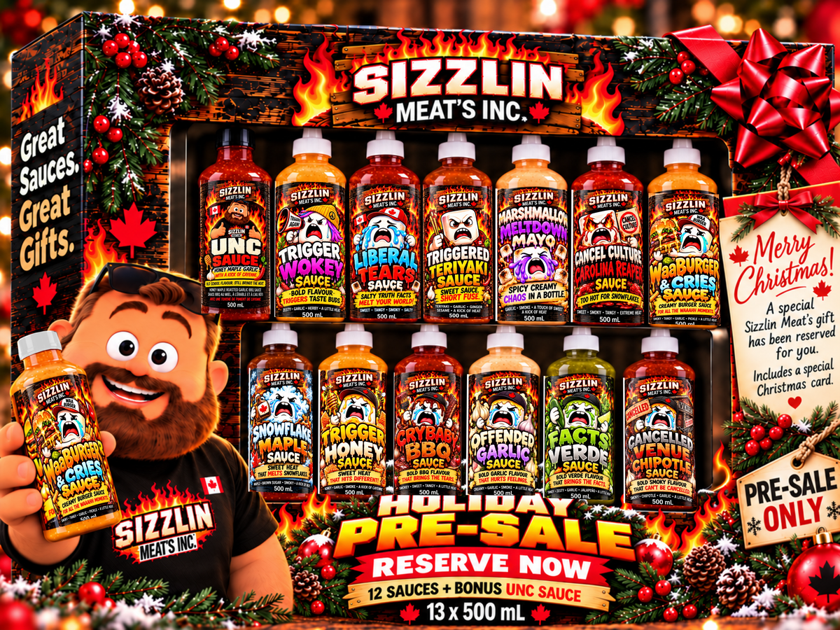 Ultimate Meltdown holiday pre-sale: 13 unique 500 mL sauces with original label artwork, plus the owner holding a Waaburger & Cries display bottle with a white cap.
