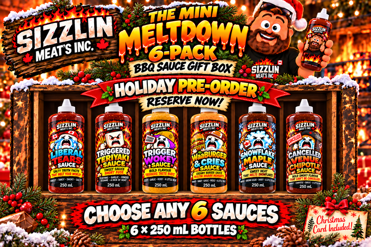 Mini Meltdown six-pack holiday pre-order, choose any six 250 mL BBQ sauces, Christmas card included