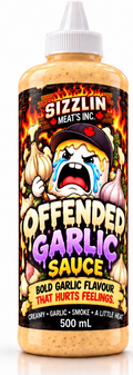 Offended Garlic — 500 mL bottle concept / Concept de bouteille de 500 mL. Original label artwork / Illustration originale.