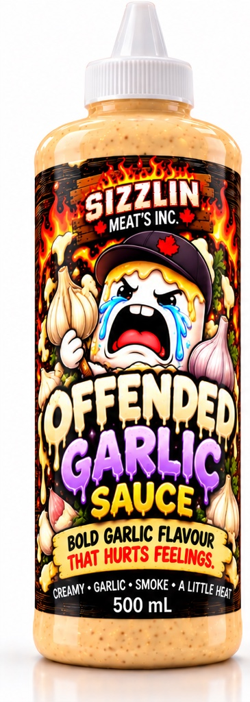 Offended Garlic — 500 mL bottle concept / Concept de bouteille de 500 mL. Original label artwork / Illustration originale.