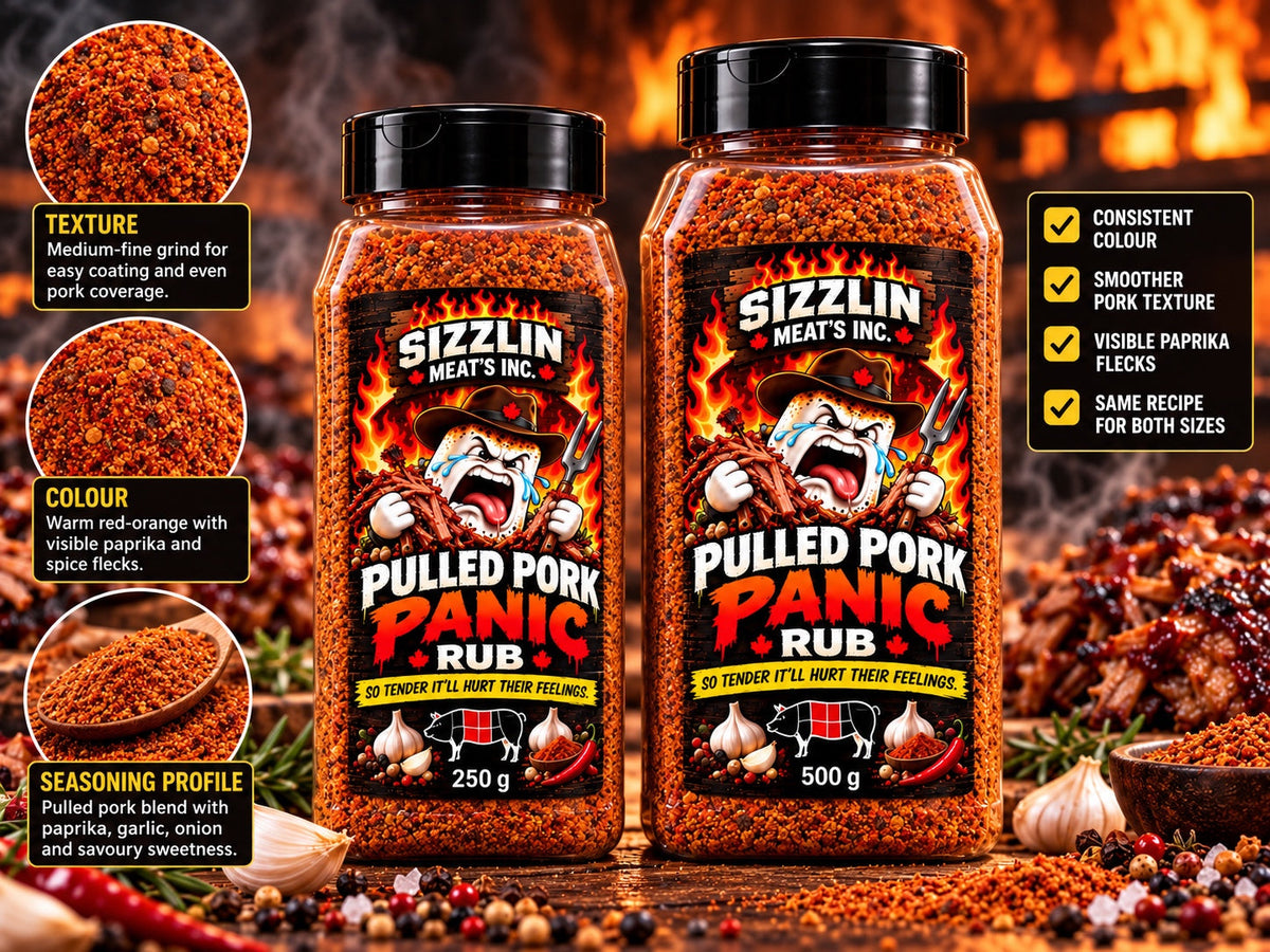 Pulled Pork Panic — 250 g and 500 g Sizzlin Meat's BBQ rub jars
