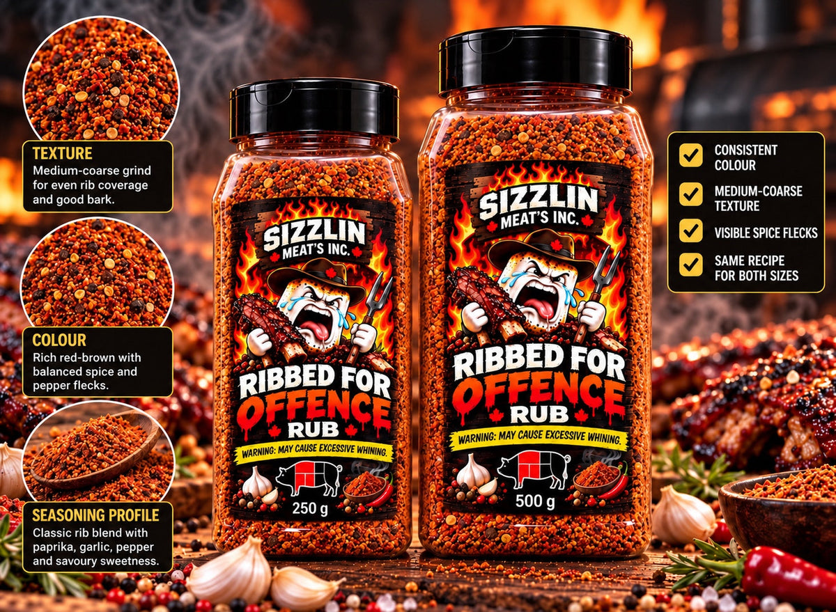 Ribbed for Offence — 250 g and 500 g Sizzlin Meat's BBQ rub jars