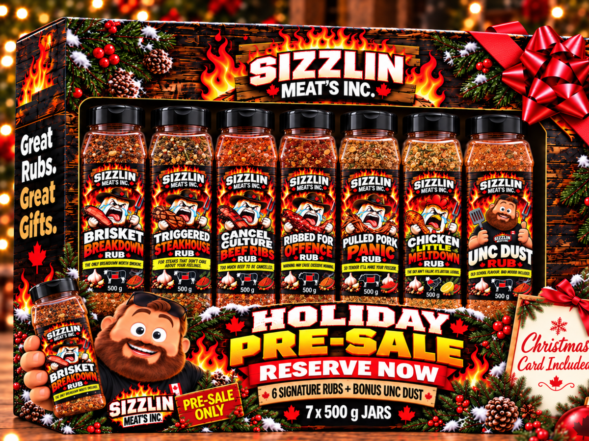 Sizzlin Meat’s Inc. holiday pre-sale seven 500 g rectangular jars with six signature rubs and bonus UNC Dust