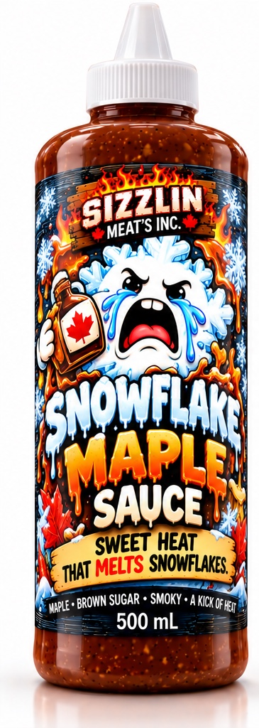Snowflake Maple Sauce — 500 mL bottle concept / Concept de bouteille de 500 mL. Original label artwork / Illustration originale.