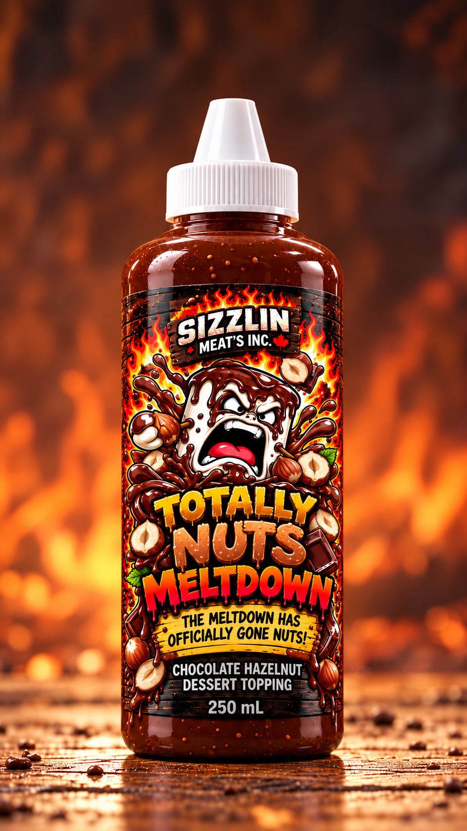 Totally Nuts Meltdown — 250 mL bottle concept / Concept de bouteille de 250 mL.