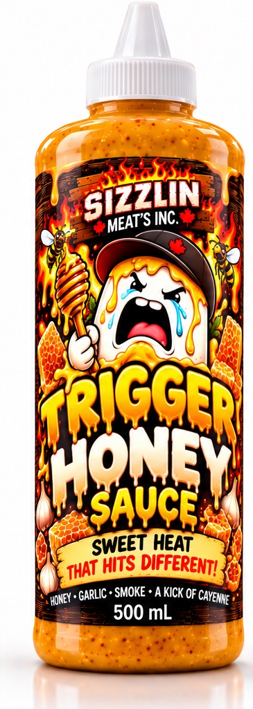 Trigger Honey — 500 mL bottle concept / Concept de bouteille de 500 mL. Original label artwork / Illustration originale.