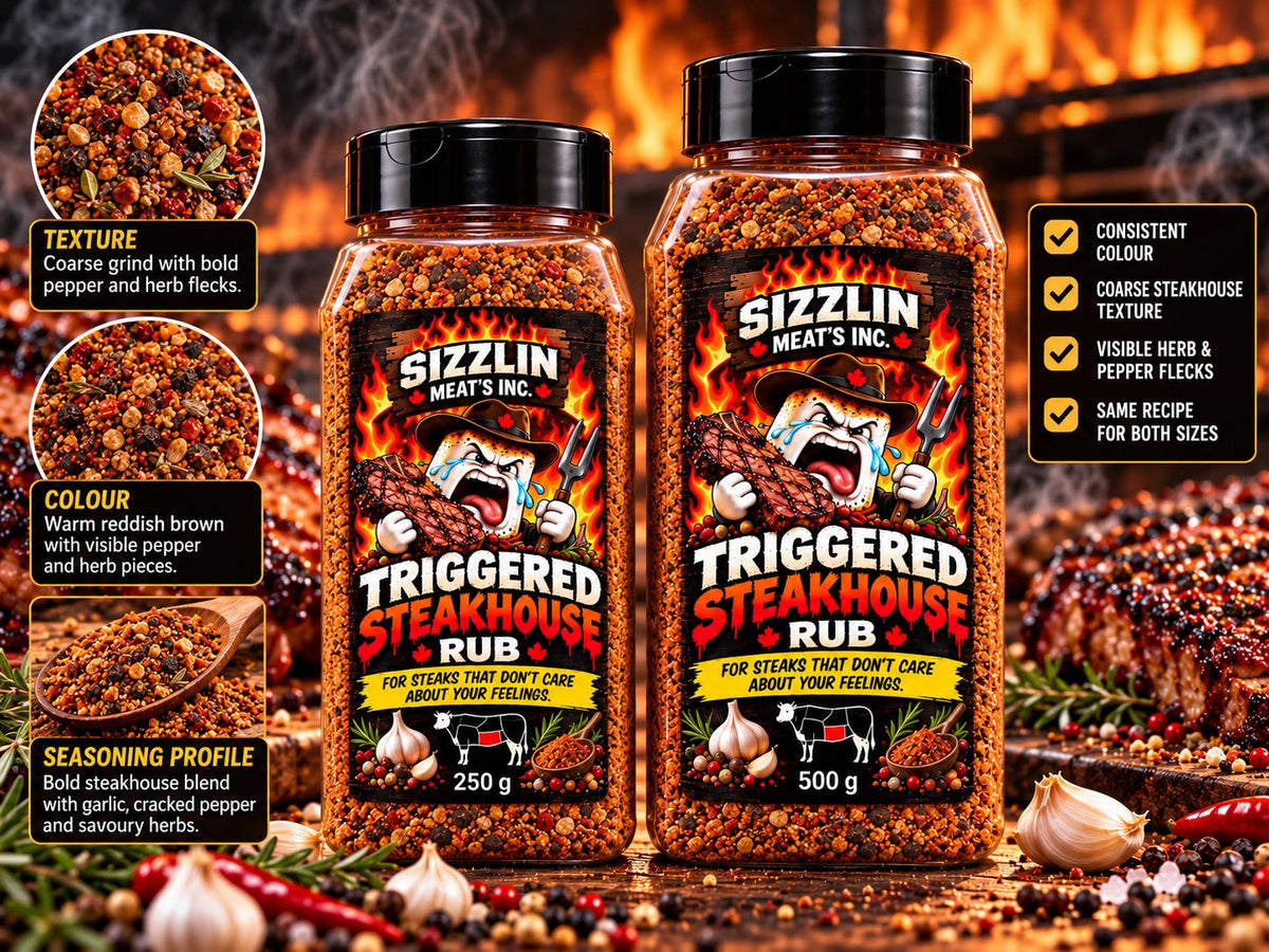 Triggered Steakhouse — 250 g and 500 g Sizzlin Meat's BBQ rub jars