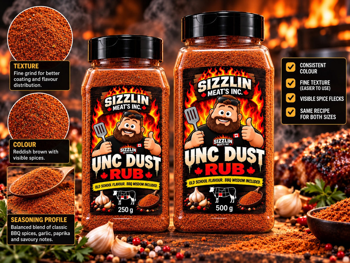 UNC Dust — 250 g and 500 g Sizzlin Meat's BBQ rub jars