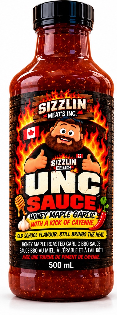 Unc Sauce — 500 mL bottle concept / Concept de bouteille de 500 mL. Original label artwork / Illustration originale.