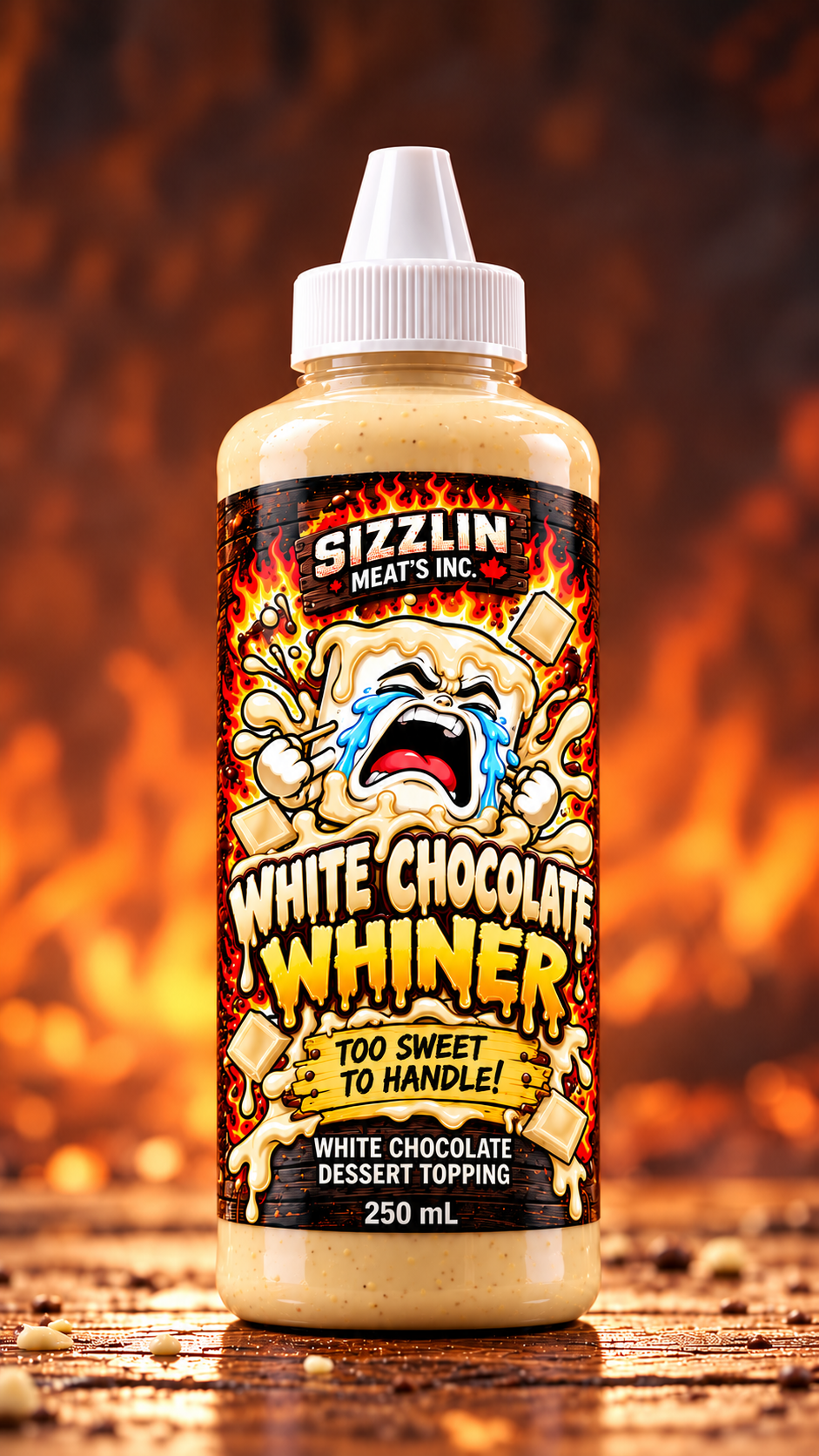 White Chocolate Whiner — 250 mL bottle concept / Concept de bouteille de 250 mL.